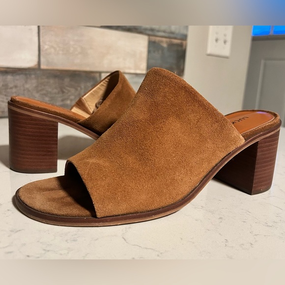 Lucky Brand Shoes - Lucky Brand Genuine Suede Leather Tan Mule Stacked Block Heel Sandals